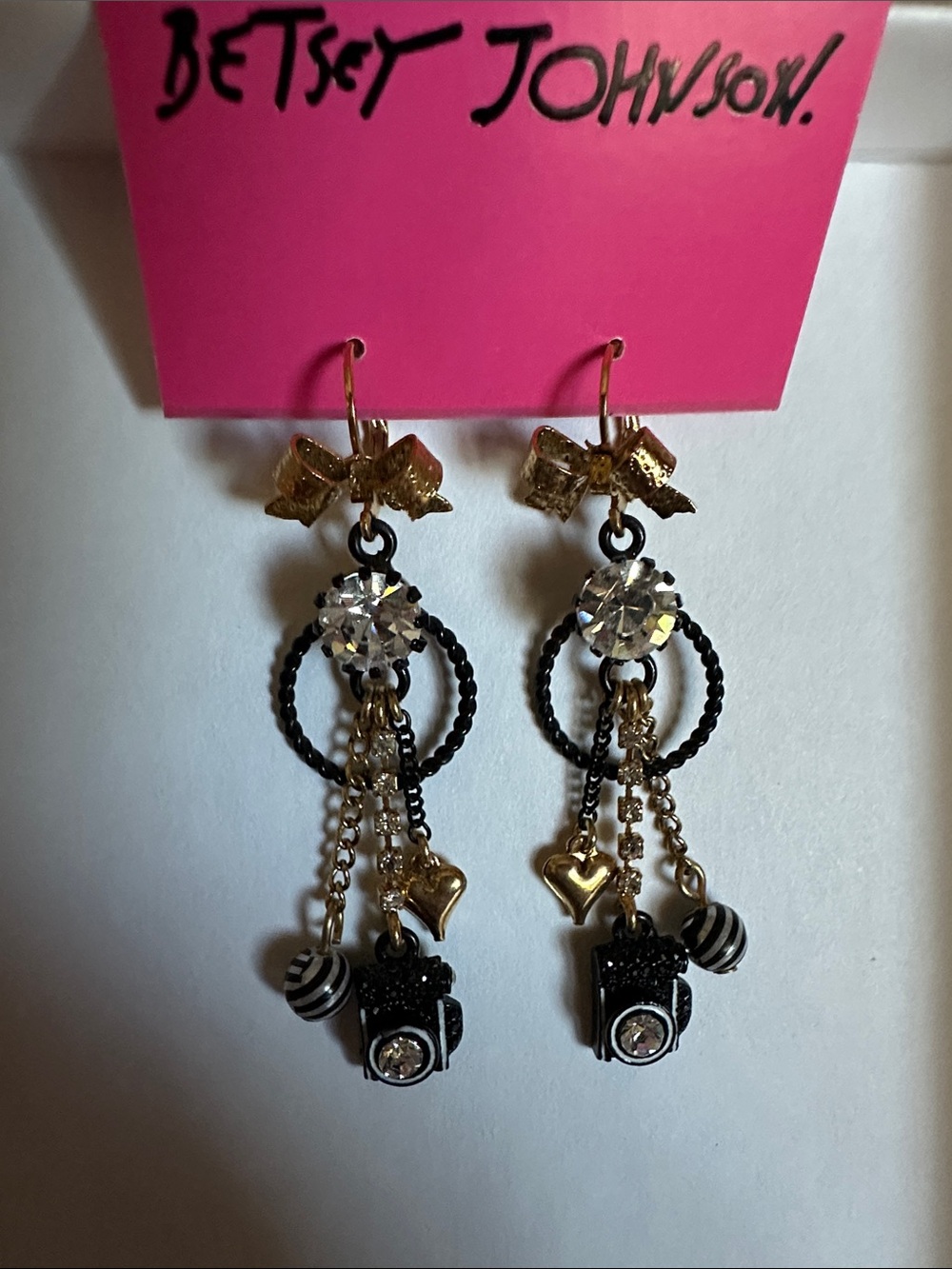 Betsey Johnson vintage earring - NWT- gold bows, rhinestones, black camera, hard